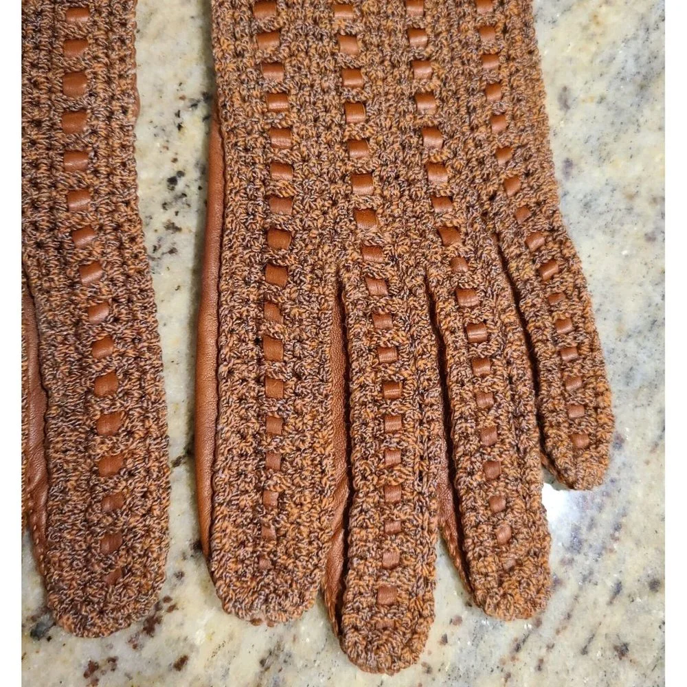 Vintage Size M 7 Brown Leather And Knit Handmade Gloves Hammer Of Hollywood